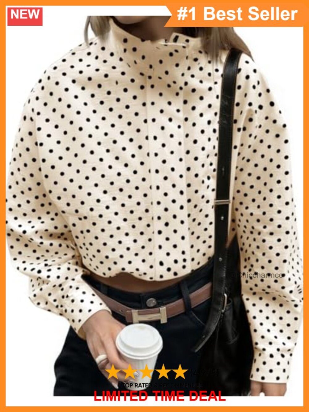 Polka Dot Zip Up Cropped Jacket Oversized Long Sleeve Casual